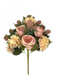 Kompozycja róże i hortensje 50 cm jasny róż z jasną brzoskwinią