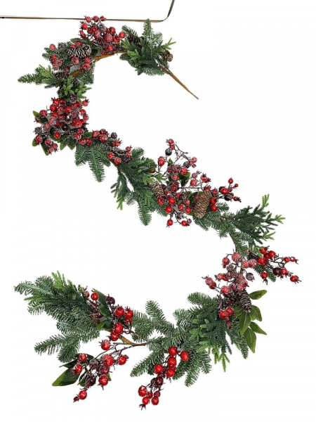 Girlanda świąteczna 175 cm z owocami dzikiej róży, szyszkami i kryształkami